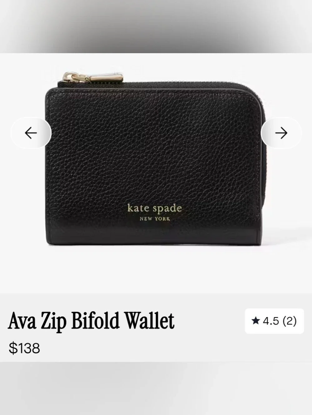 Kate Spade New York Wallet Black Pebbled Leather Bifold Small Zip Around Compact
